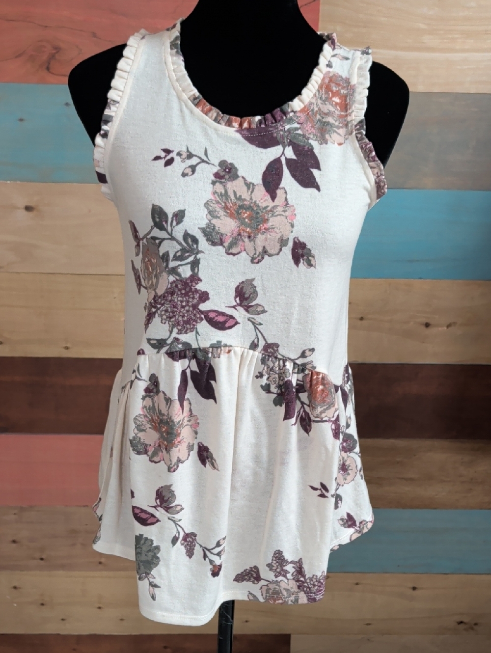 Ruffled Floral Peplum Tank Top - Cream with Purple Floral